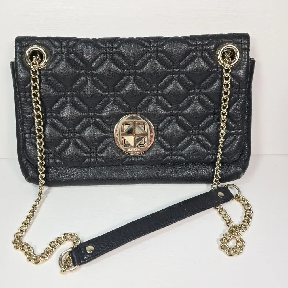 Kate Spade Black Quilted Leather Chain Crossbody Shoulder Bag Turn Lock